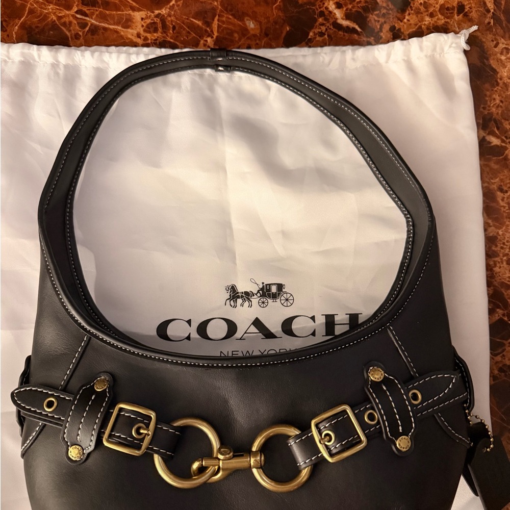 Coach Black Leather Shoulder Bag with Gold-Tone Bit and Buckle Detail